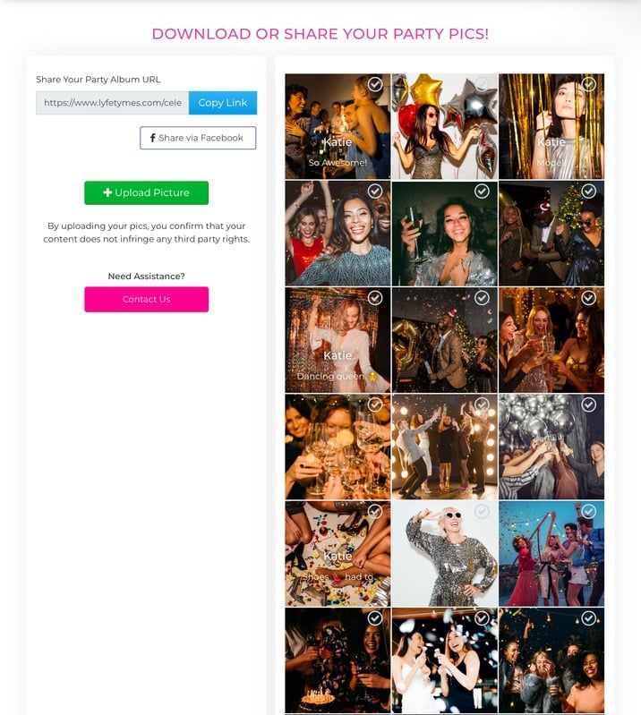 Example of a LYFETYMES shareable party photo wall with guest-uploaded celebration pictures